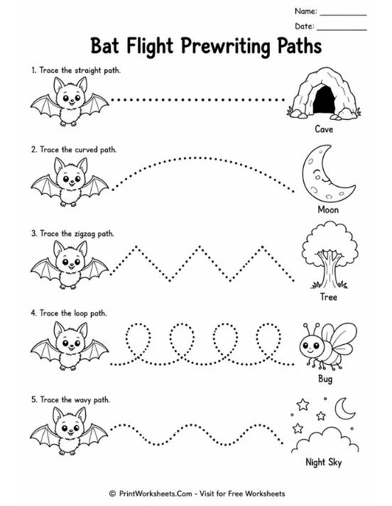 bat-worksheets-page-2 Bat flight prewriting paths printable