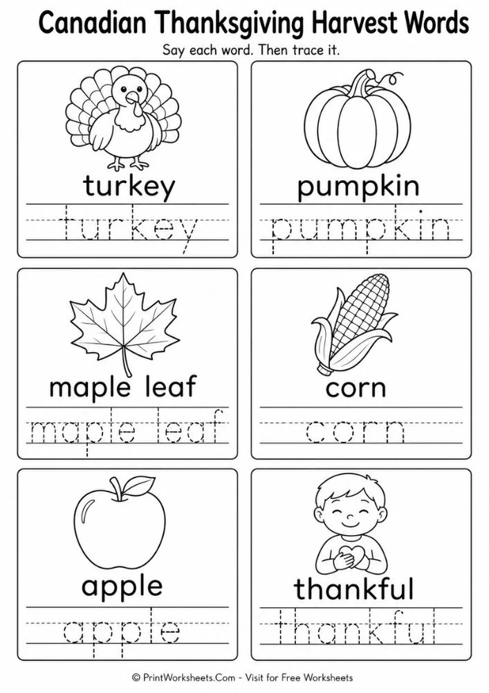 canadian-thanksgiving-worksheets-for-kindergarten-page-1 Canadian Thanksgiving harvest words tracing