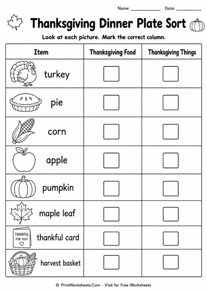 canadian-thanksgiving-worksheets-for-kindergarten-page-2 Thanksgiving dinner plate sorting worksheet