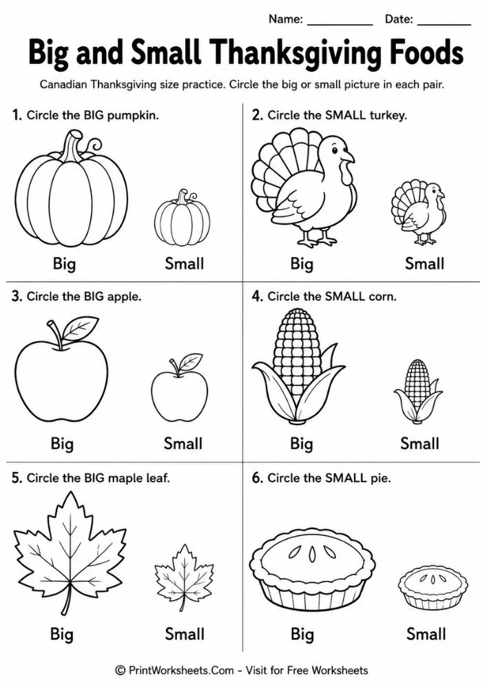 canadian-thanksgiving-worksheets-for-preschool-page-5 Big and small Thanksgiving foods preschool