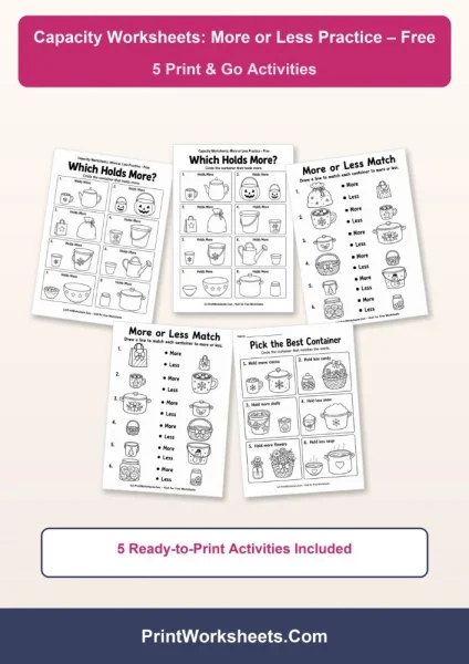Free Capacity Worksheets More or Less Practice PDF