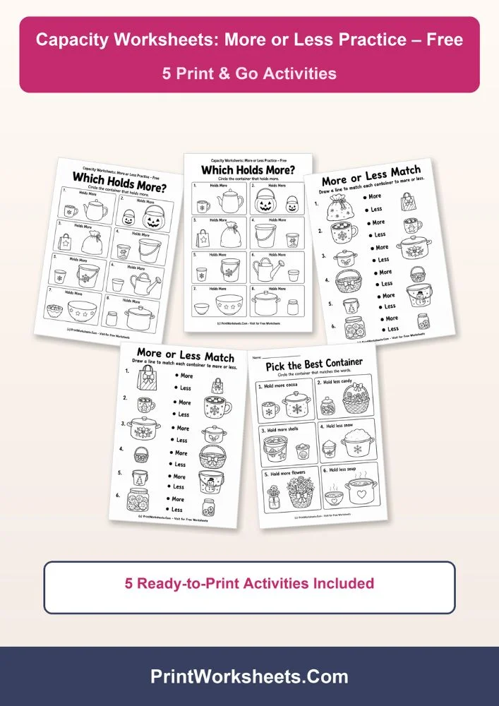 Capacity Worksheets Worksheet - Free Capacity Worksheets More or Less Practice PDF | Free Printable
