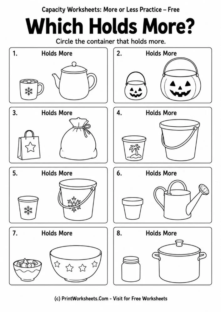 Capacity worksheets more or less practice circle container