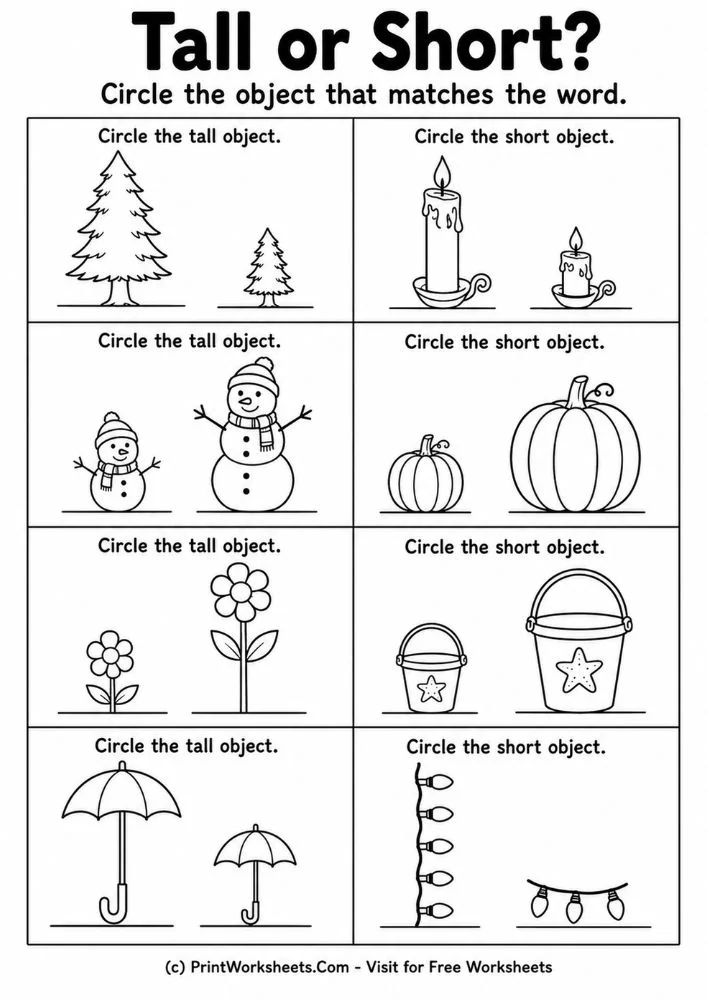 Comparing height worksheets tall and short circle object
