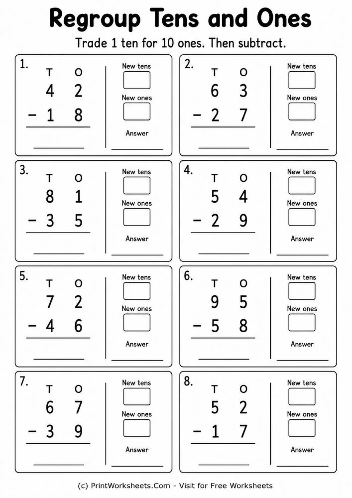 Double digit subtraction with regrouping worksheets math practice