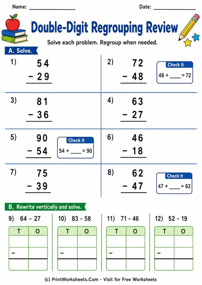 Free 2 Digit Subtraction With Regrouping Worksheets PDF - Worksheet Image