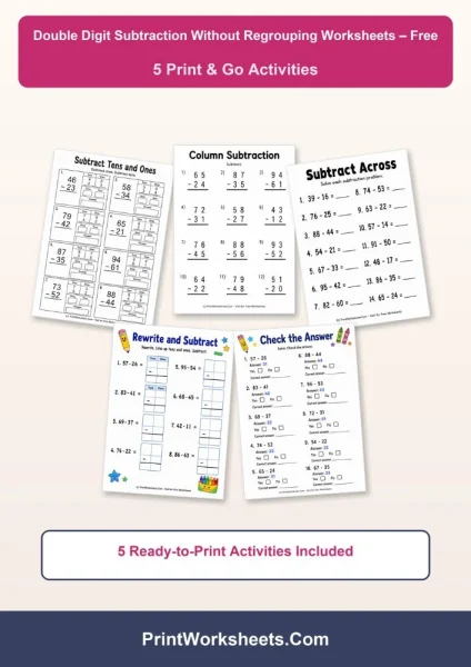 Double Digit Subtraction Without Regrouping Worksheets PDF
