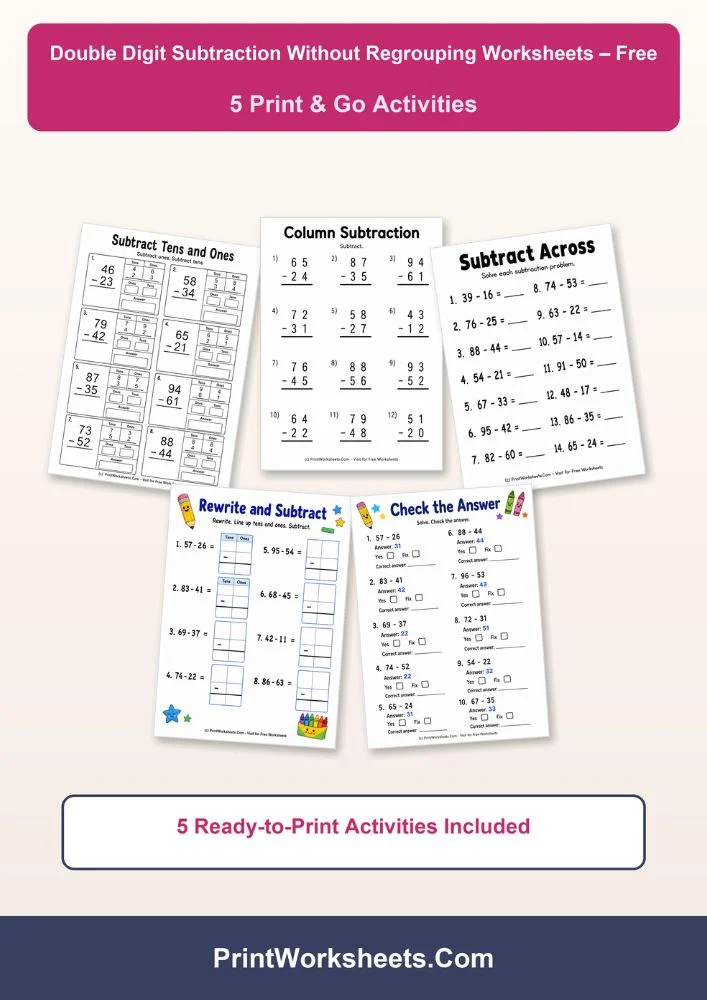 Subtraction Worksheets Worksheet - Double Digit Subtraction Without Regrouping Worksheets PDF | Free Printable