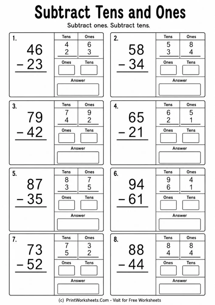 Double digit subtraction without regrouping worksheets tens and ones