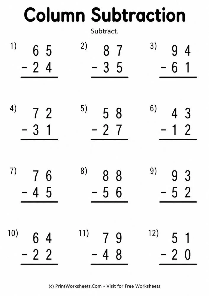 Vertical double digit subtraction without regrouping practice
