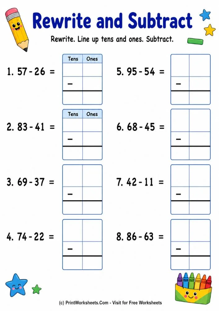Rewrite vertical double digit subtraction without regrouping math