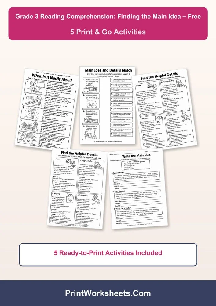 Reading Comprehension Worksheet - Free Grade 3 Reading Comprehension Finding the Main Idea PDF | Free Printable
