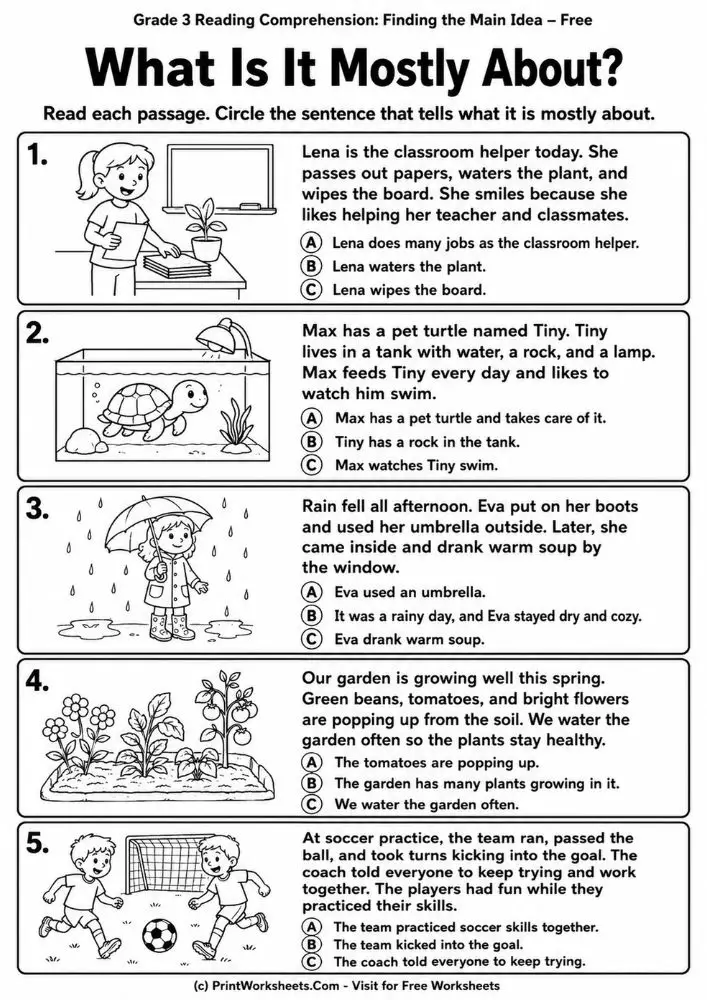 Grade 3 reading comprehension finding the main idea multiple choice