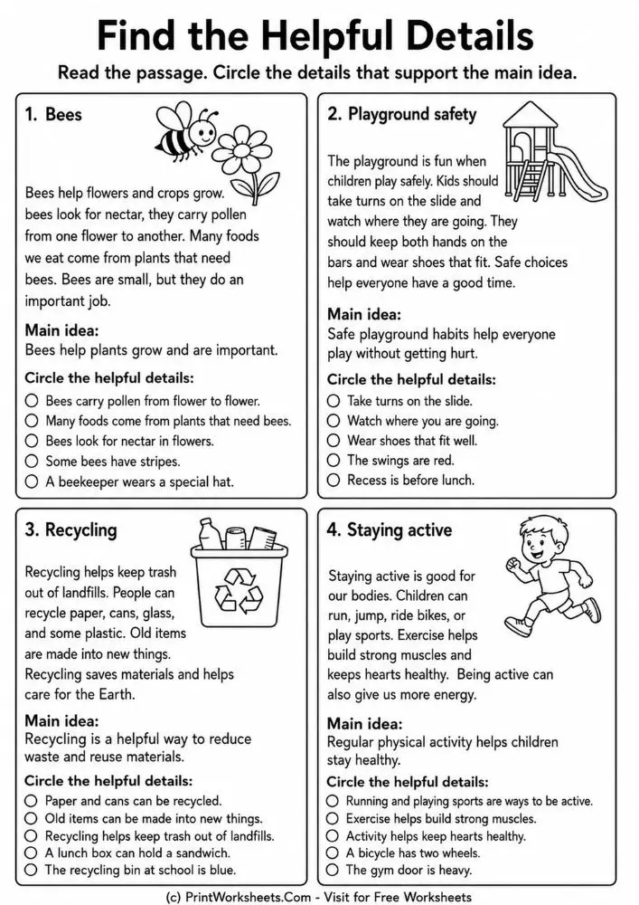 Free Grade 3 Reading Comprehension Finding the Main Idea PDF - Worksheet Image