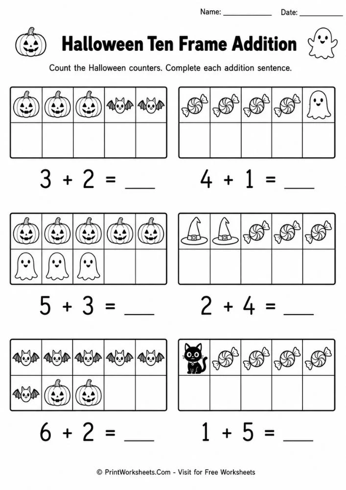 halloween-math-worksheets-page-2 Halloween ten frame addition printable