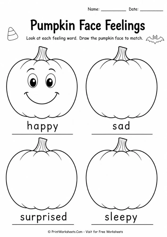 halloween-worksheets-for-kindergarten-page-3 Pumpkin face feelings drawing page