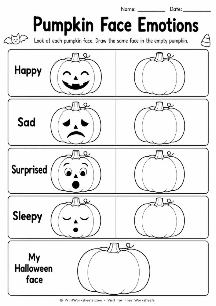 halloween-worksheets-for-preschool-page-2 Pumpkin face emotions drawing worksheet