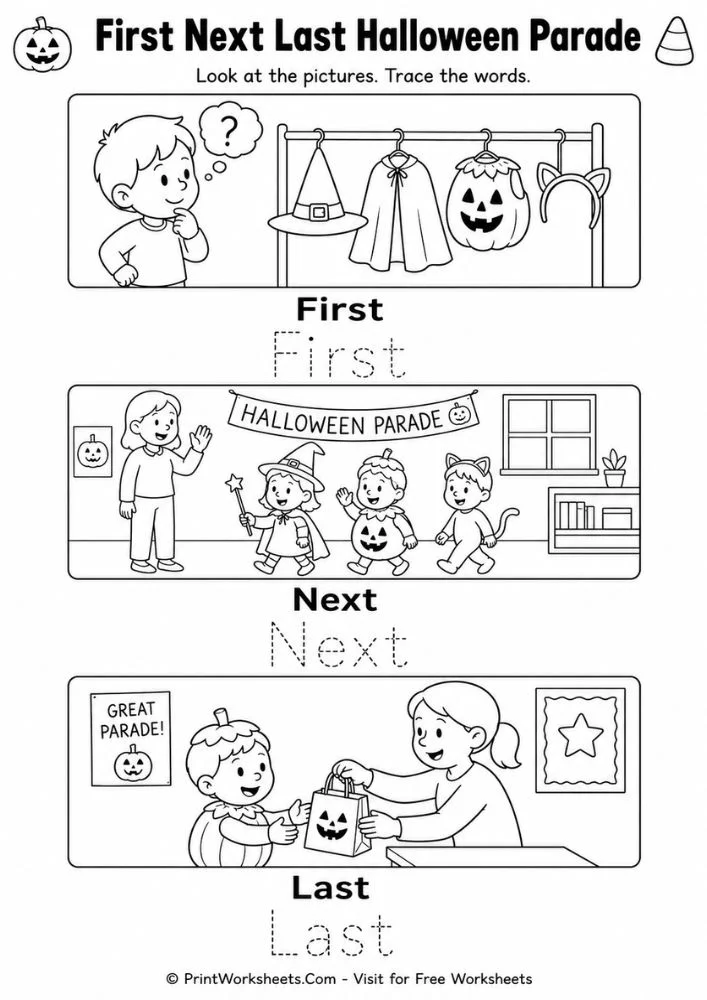 halloween-worksheets-for-preschool-page-3 Halloween parade sequence tracing page