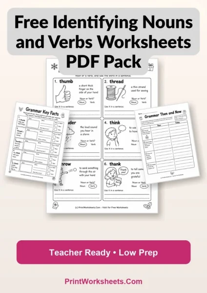 Free Identifying Nouns and Verbs Worksheets PDF Pack