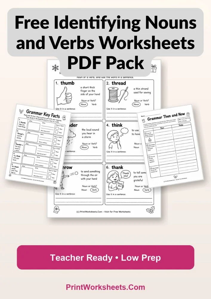 English Language Arts Worksheet - Free Identifying Nouns and Verbs Worksheets PDF Pack | Free Printable