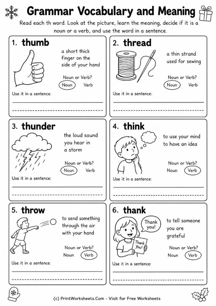 Identifying nouns and verbs worksheets grammar vocabulary meaning