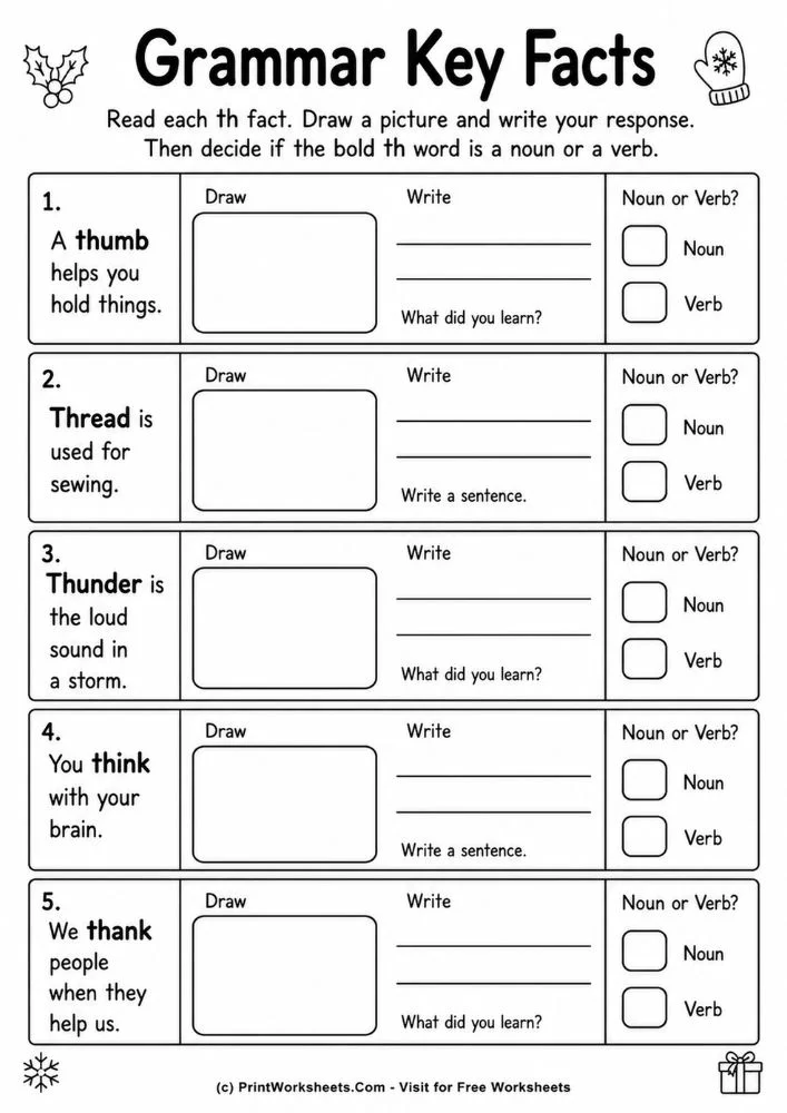 Grammar key facts identifying nouns and verbs worksheets