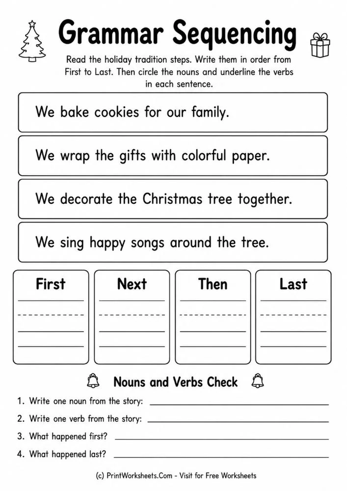 Holiday tradition steps grammar sequencing worksheets