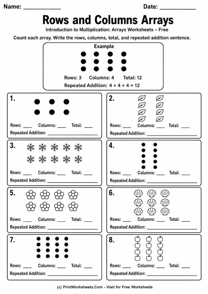 Introduction to multiplication arrays worksheets rows and columns