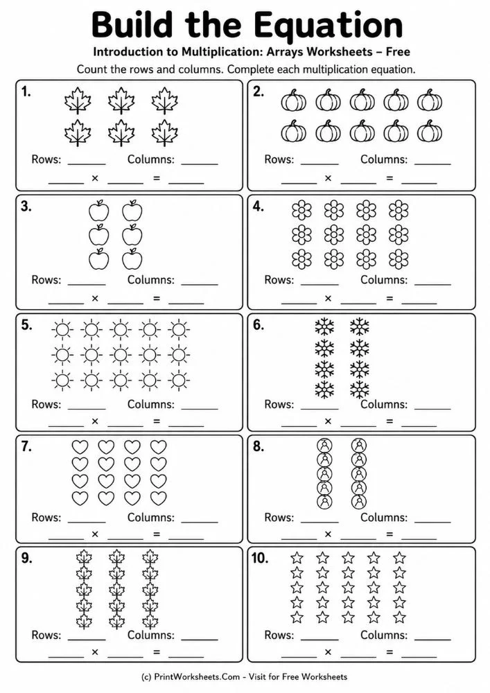Build the multiplication equation from arrays worksheet