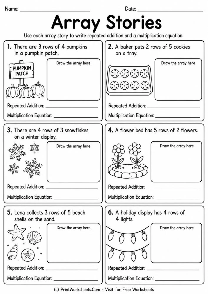 Array stories multiplication word problems worksheet