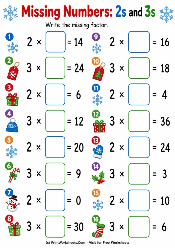 Missing factor multiplication worksheets 2s and 3s