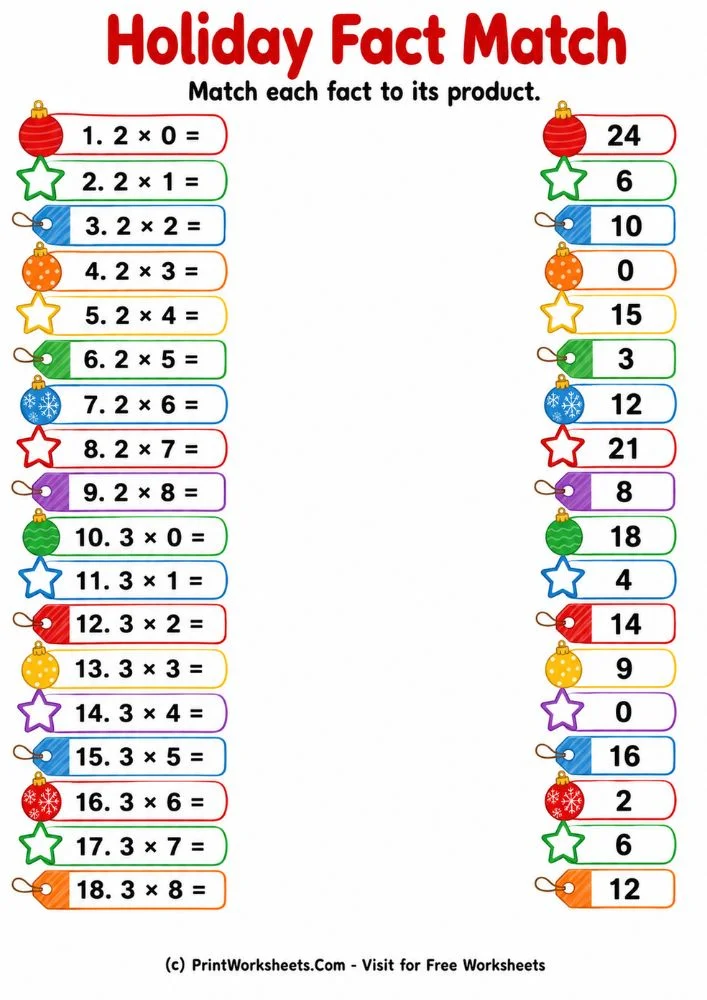 Multiplication fact matching worksheets for 3rd grade
