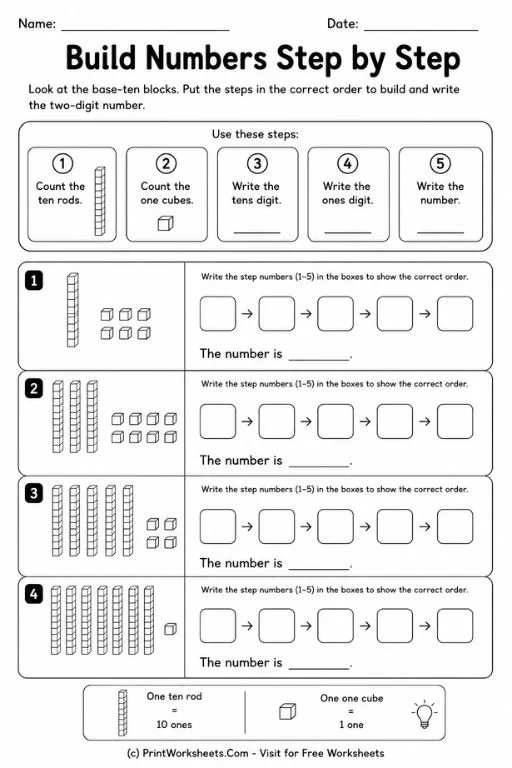 Build numbers step by step base ten blocks worksheet