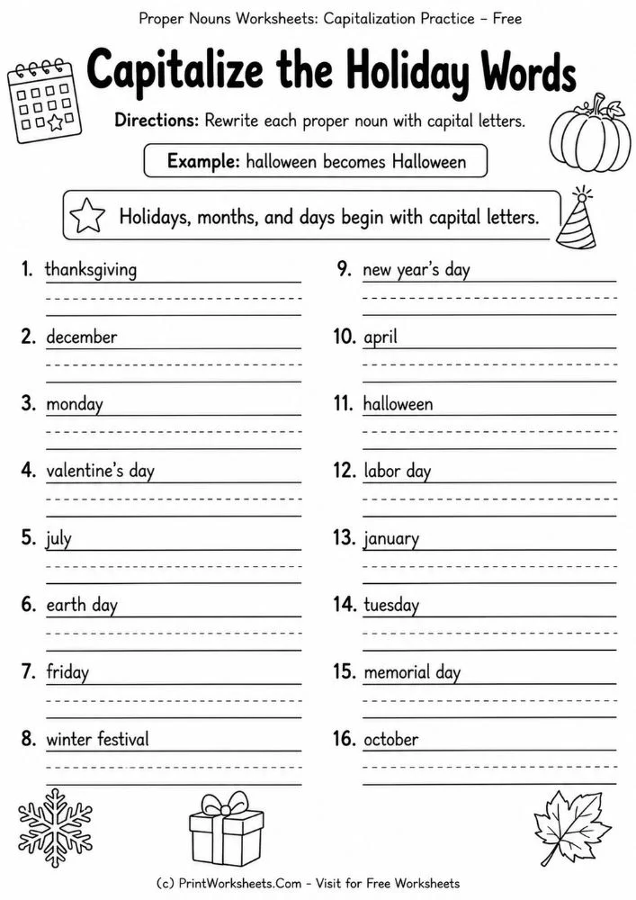 Capitalize the holiday words proper nouns practice worksheet