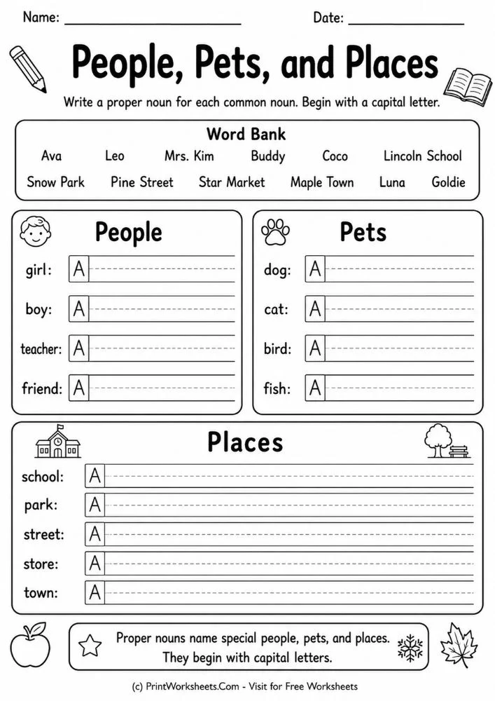 People pets and places grammar proper nouns writing worksheet