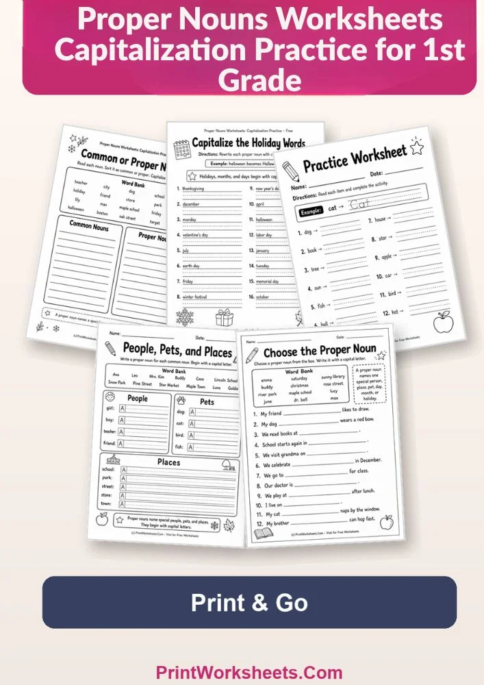 English Language Arts Worksheet - Proper Nouns Worksheets Capitalization Practice for 1st Grade | Free Printable