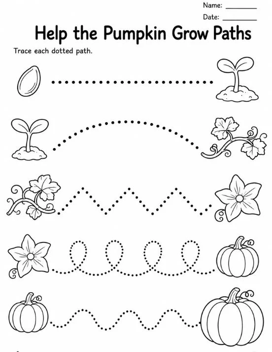 pumpkin-worksheets-page-2 Pumpkin grow prewriting paths printable