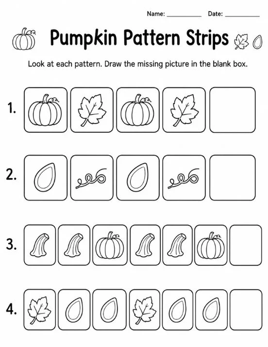 pumpkin-worksheets-page-4 Pumpkin pattern strips drawing page