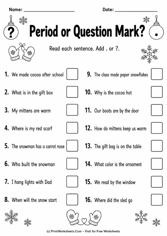 Punctuation practice worksheets for grade 1 period or question mark