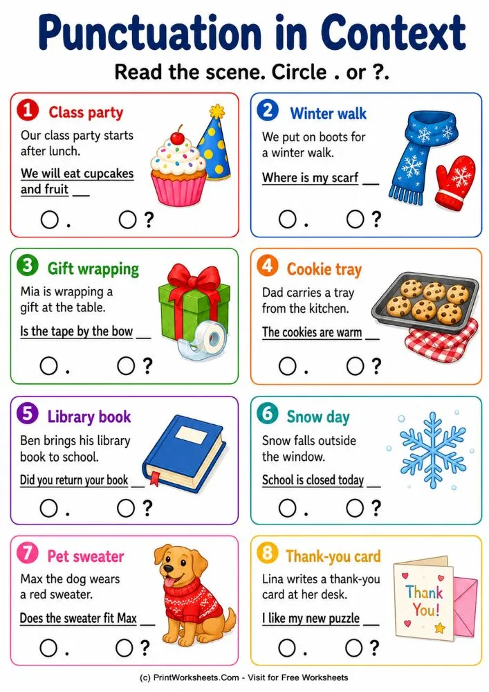 English Language Arts Worksheet - Punctuation Practice Worksheets PDF for Grade 1 and 2 | Free Printable
