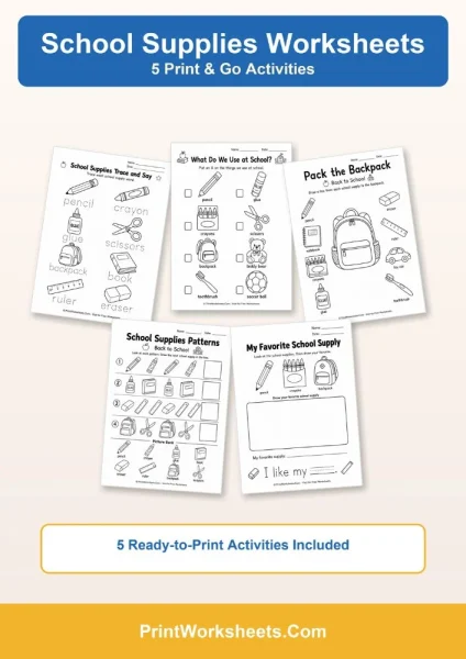 5 Free Printable School Supplies Worksheets (PDF)