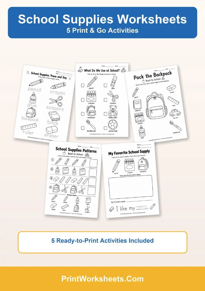 Back to School Worksheets Worksheet - 5 Free Printable School Supplies Worksheets (PDF) | Free Printable