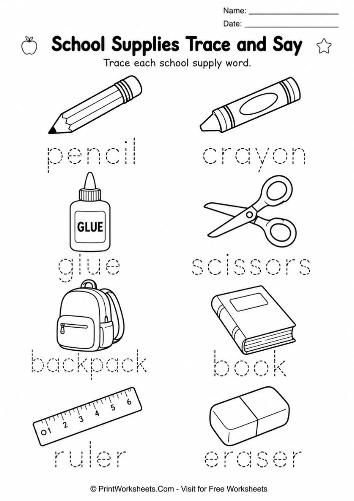 School supplies trace and say