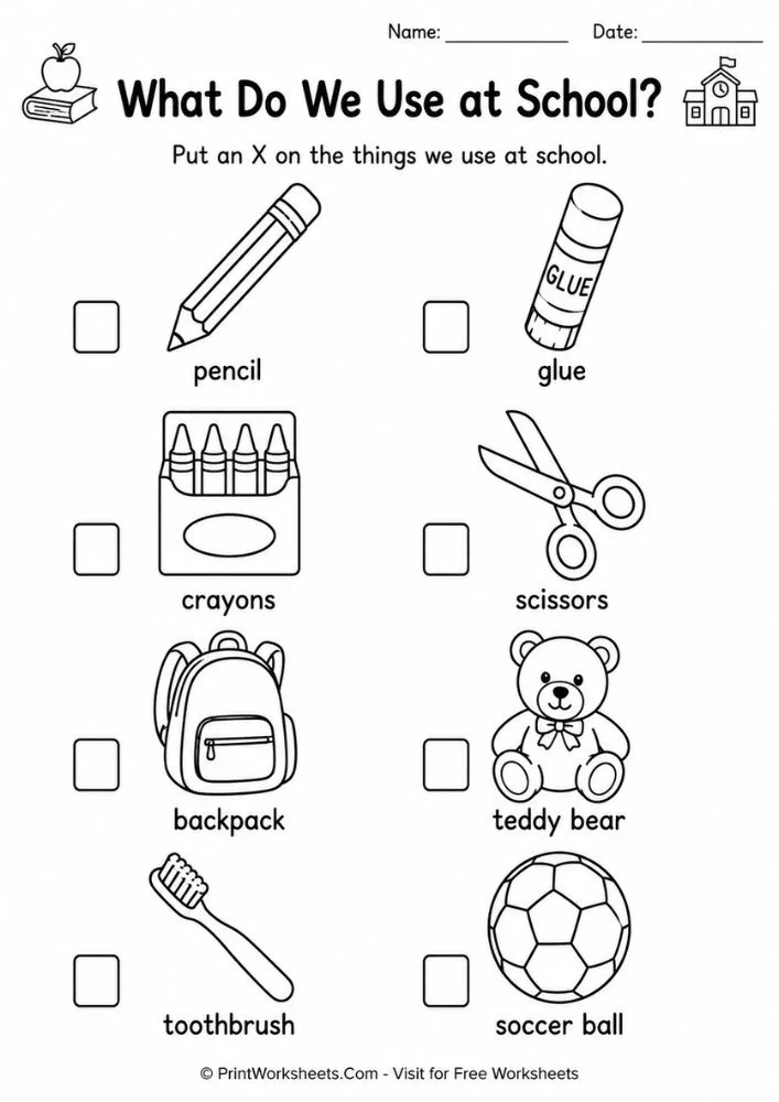Identify school supplies sorting worksheet
