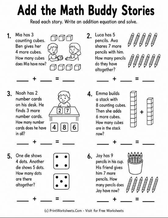Single digit addition word problems worksheet stories