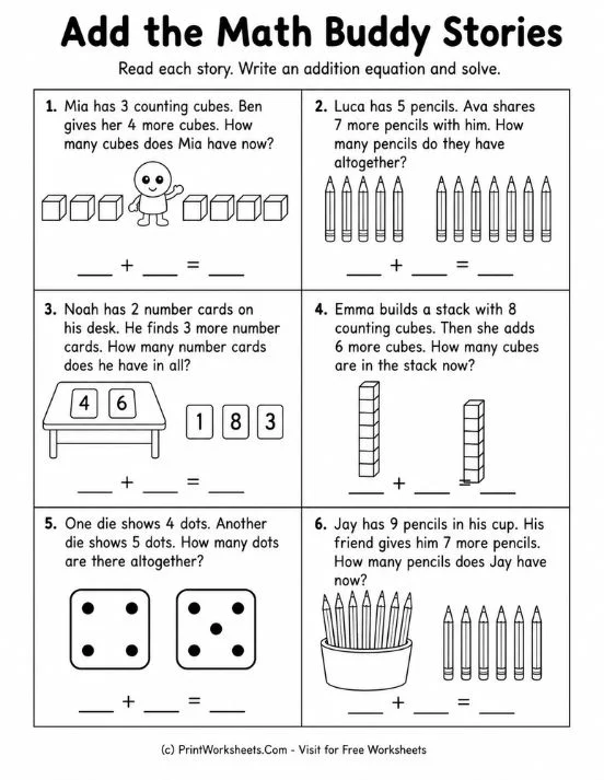 Math buddy addition story problems visual worksheet