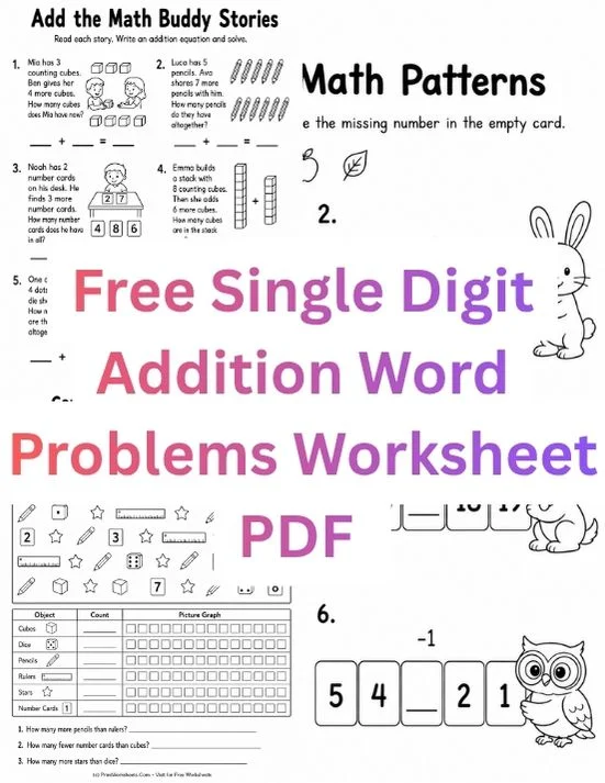 Word Problems Worksheet - Free Single Digit Addition Word Problems Worksheet PDF | Free Printable