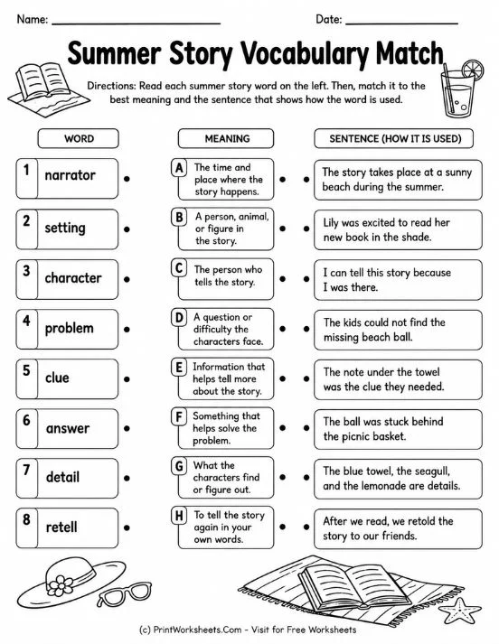 Summer story vocabulary matching worksheet