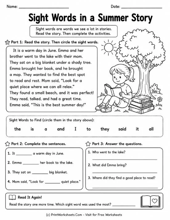Summer mystery story retelling worksheet