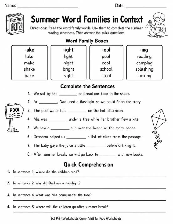 Summer sight words reading comprehension